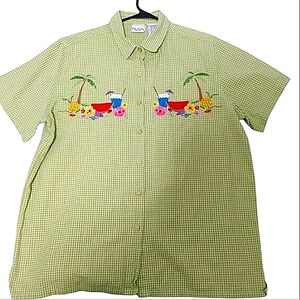 VTG Y2K Gingham Embroidered Button Up Shirt 20W Cocktails Watermelon Pin…